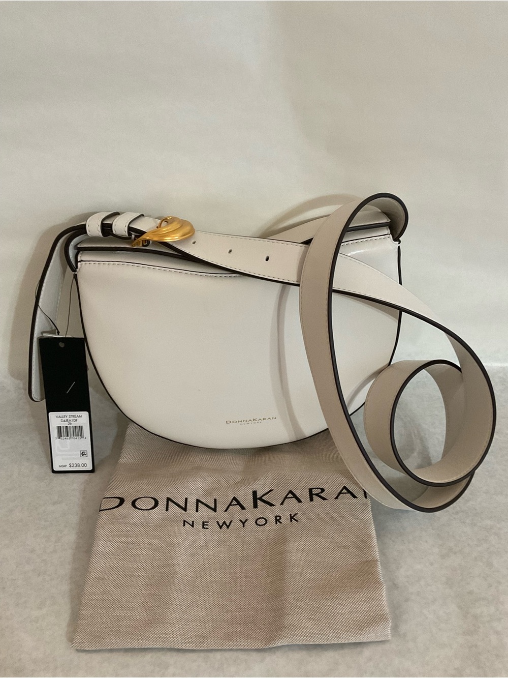 Donna Karan Cream Saddle Crossbody Bag with Gold Buckle